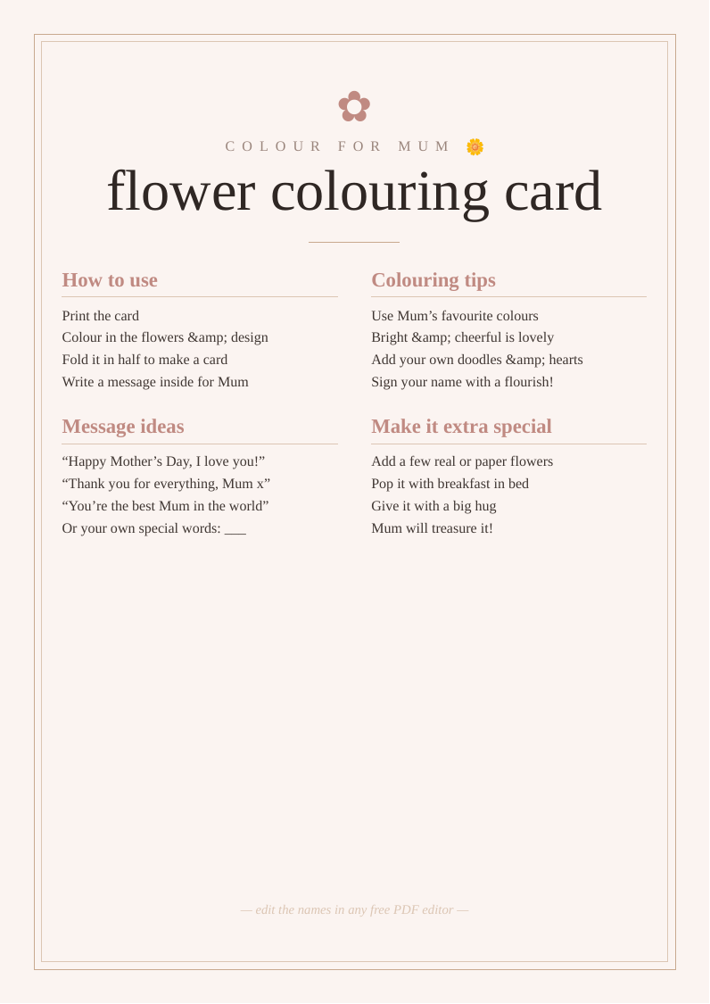 Mother's Day flower colouring card