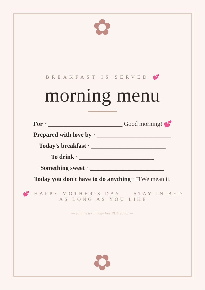 Mother's Day breakfast in bed menu