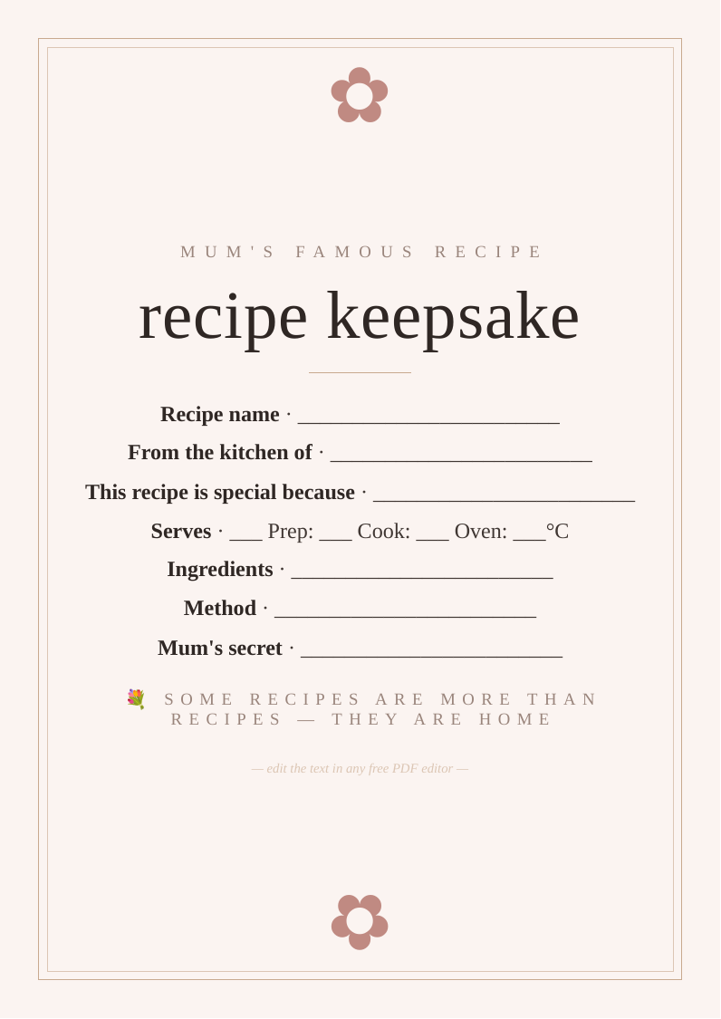 Mother's Day favourite recipe card