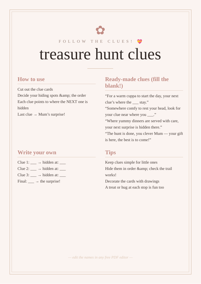 Mother's Day treasure hunt clue cards