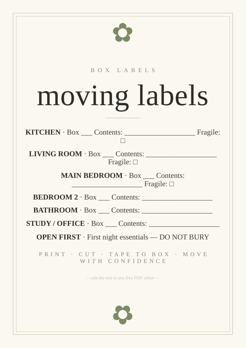 Moving house box labels