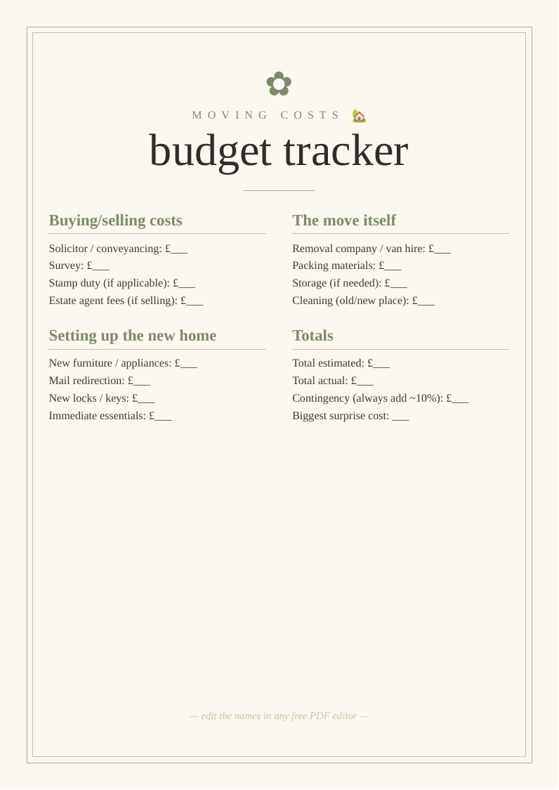 Moving house cost budget tracker