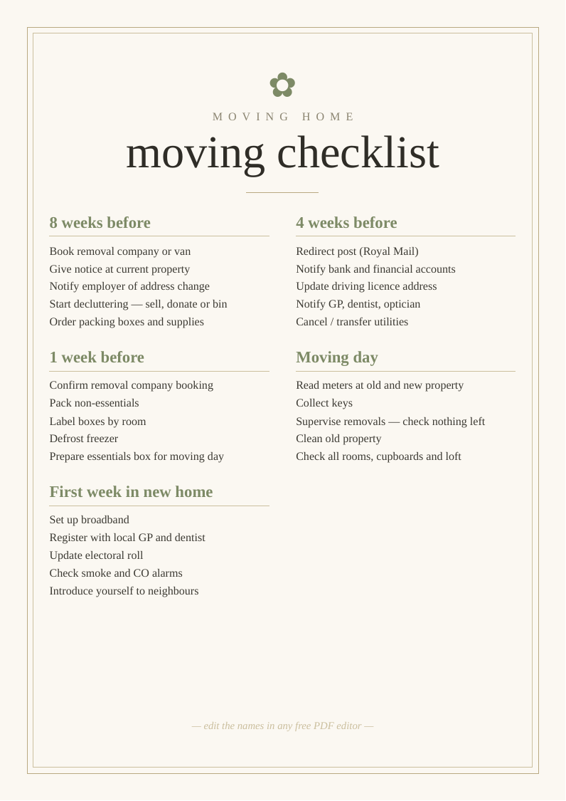 Moving house checklist