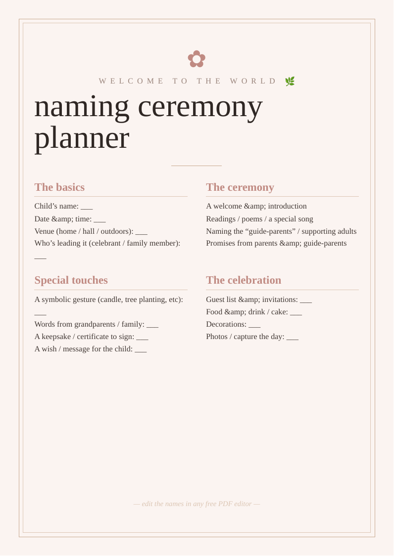 Naming ceremony planner