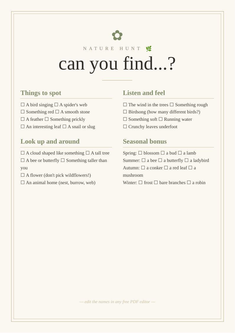 Nature scavenger hunt for children