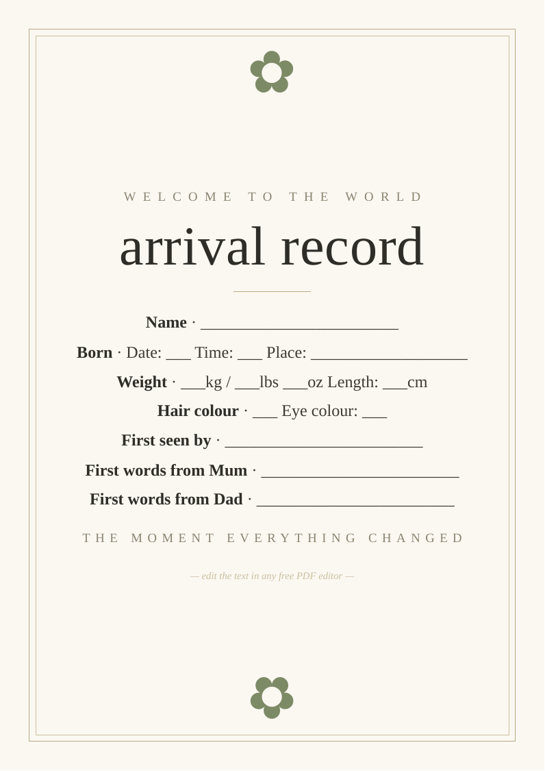 New baby arrival record card printable keepsake