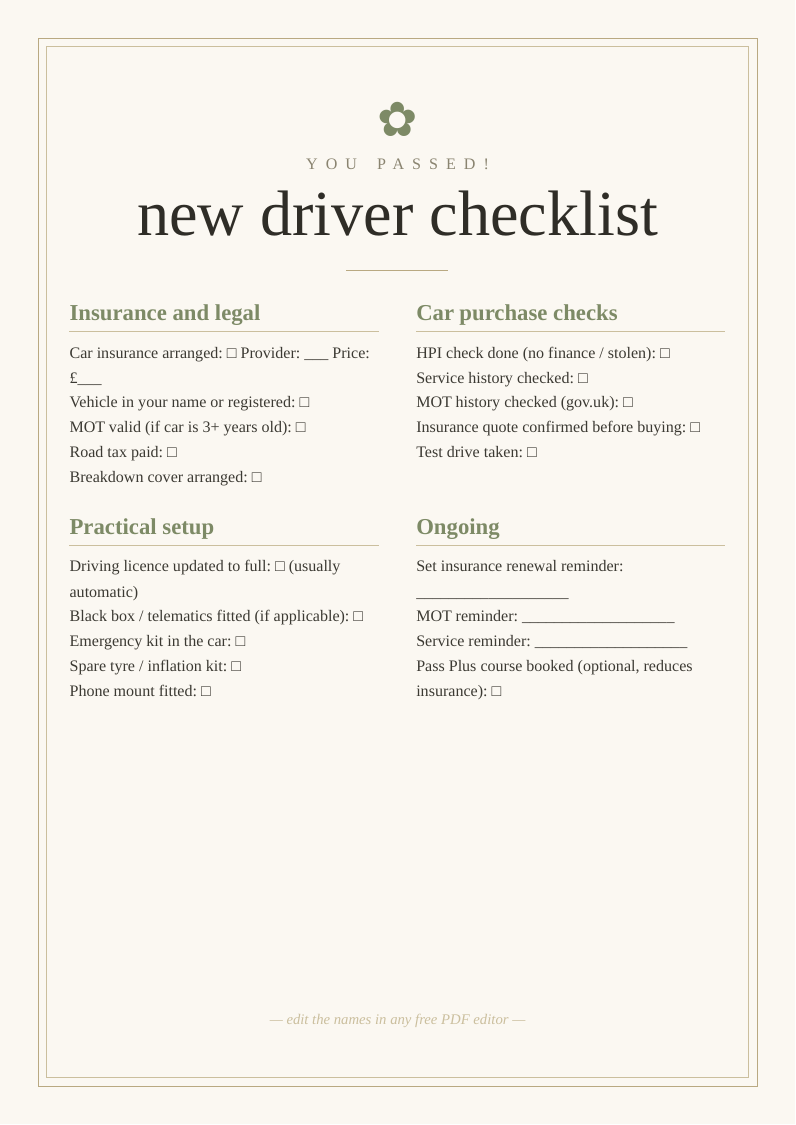 New driver checklist