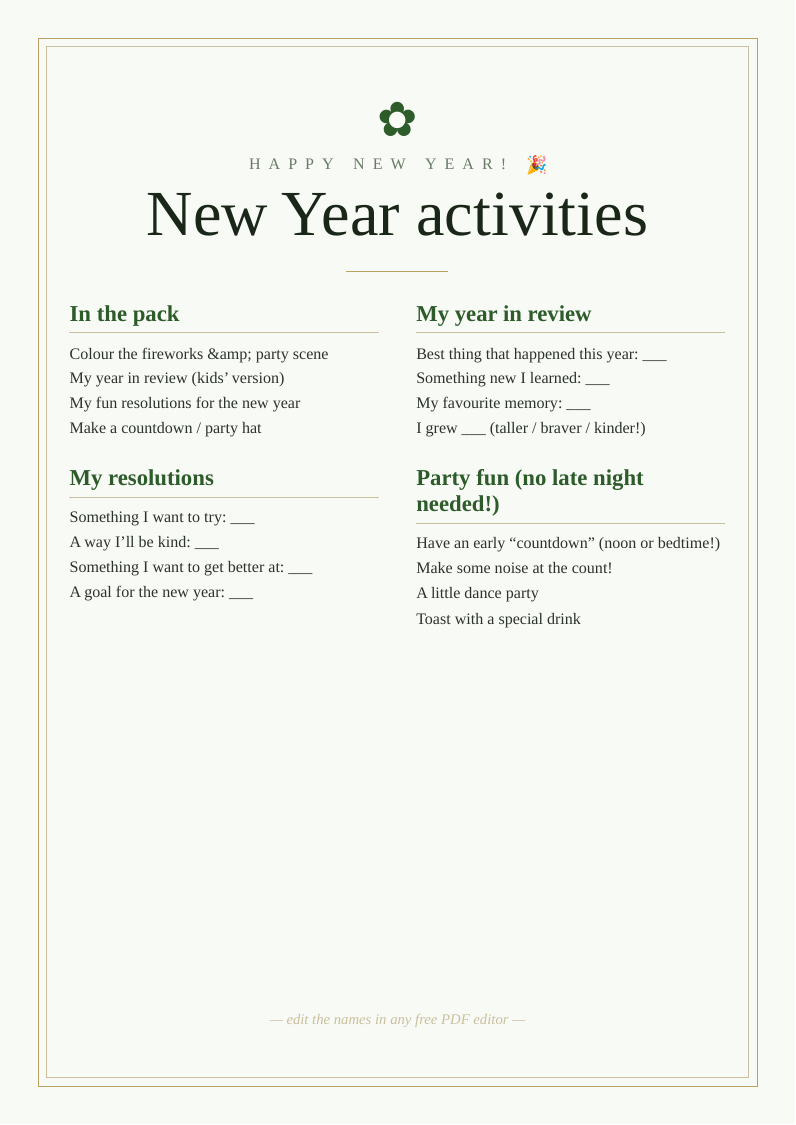 New Year kids' activity pack