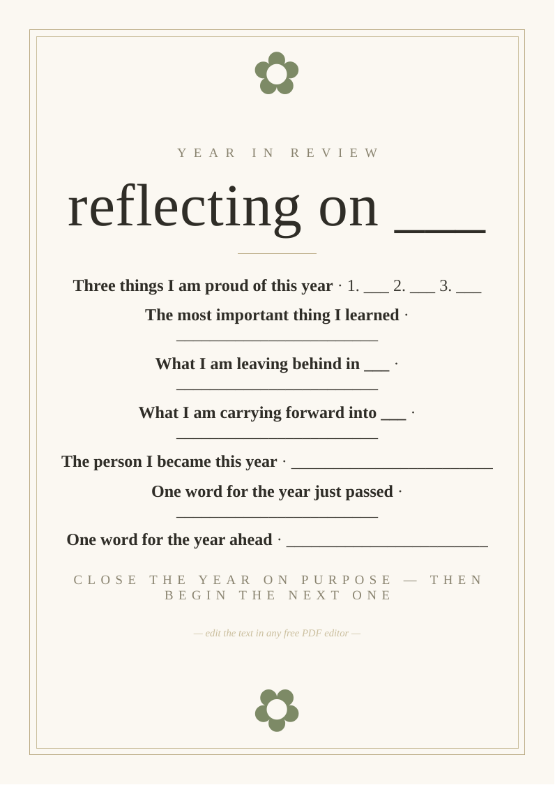 Year in review reflection sheet