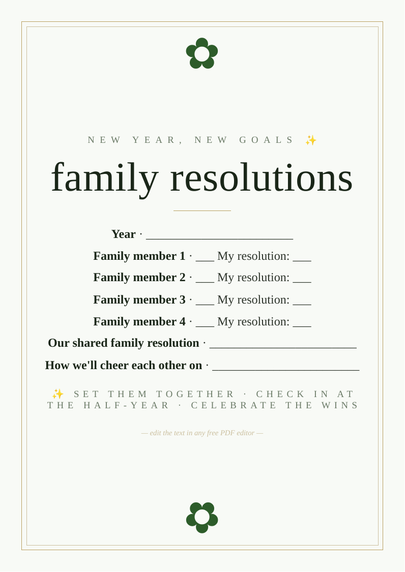 Family New Year resolutions sheet