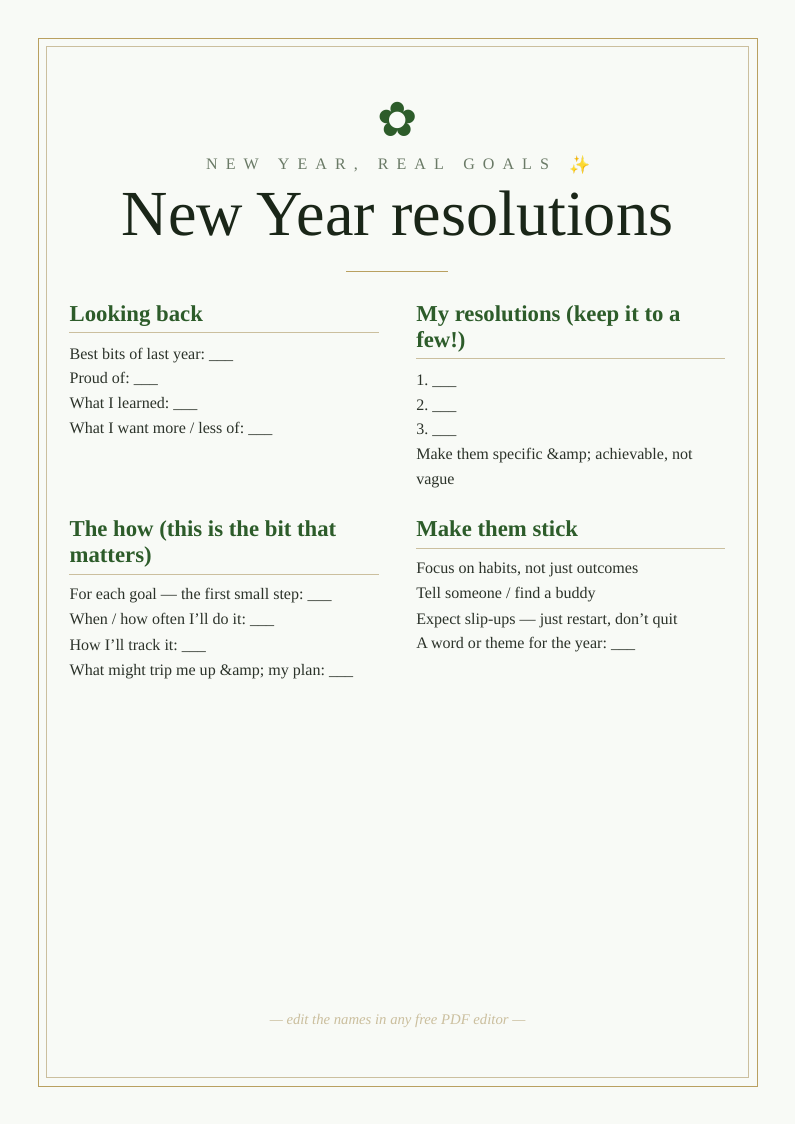 New Year resolutions sheet