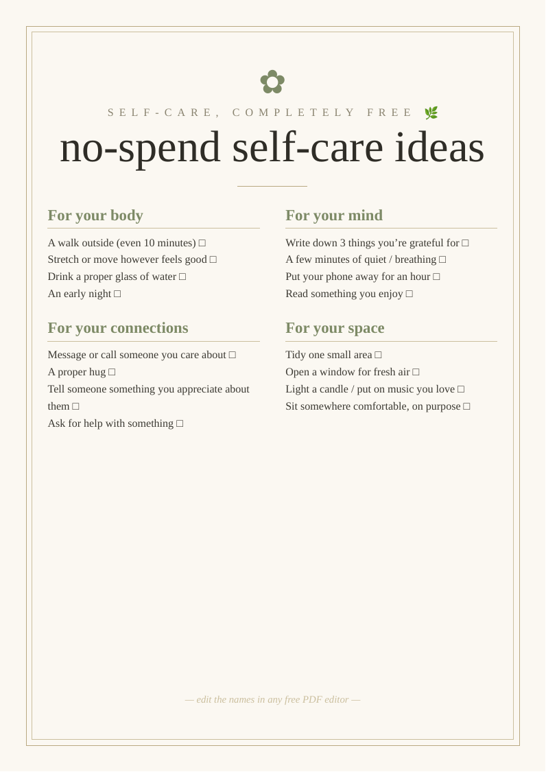 No-spend self-care ideas list