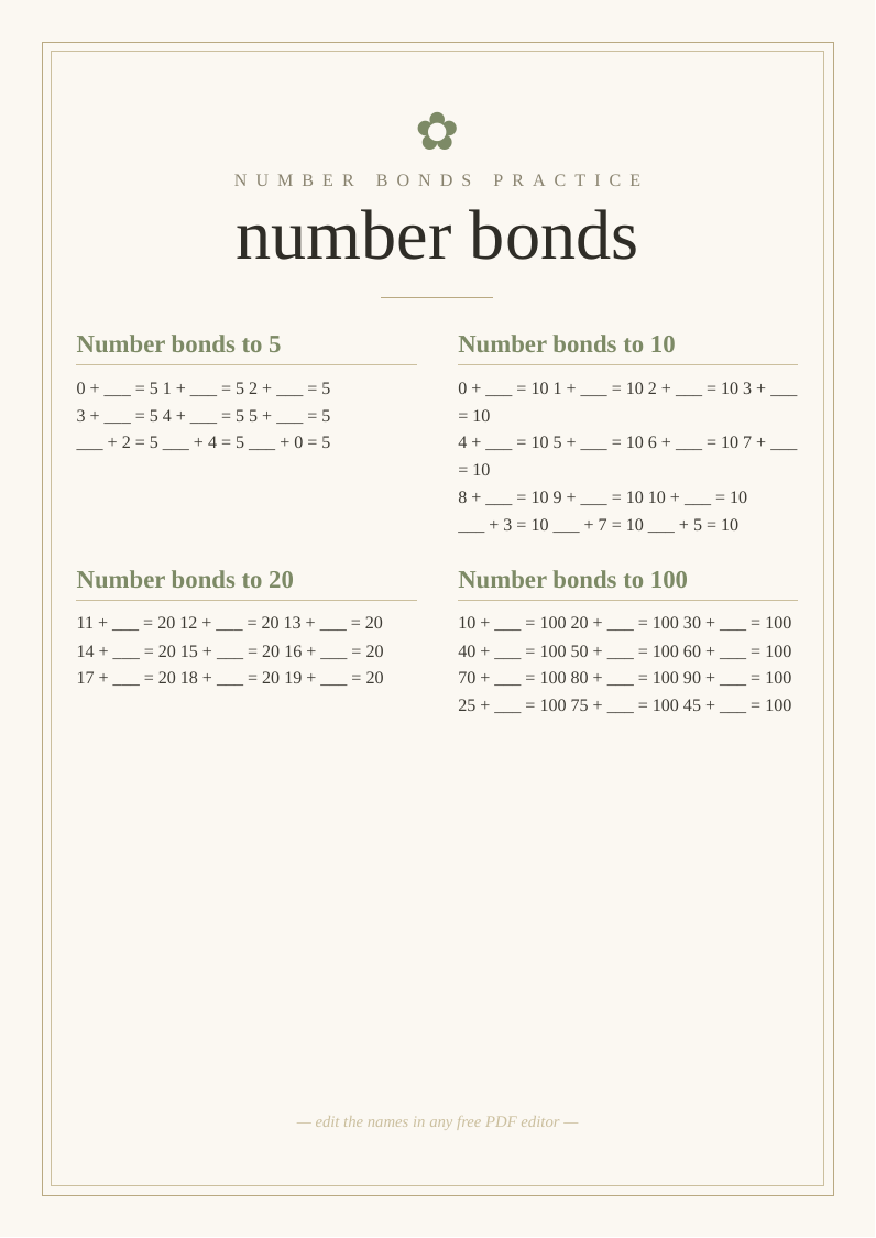Number bonds practice sheet printable home