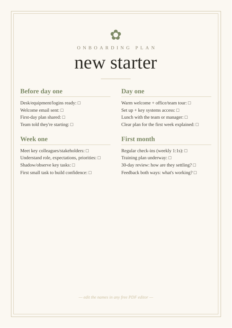 New starter onboarding plan