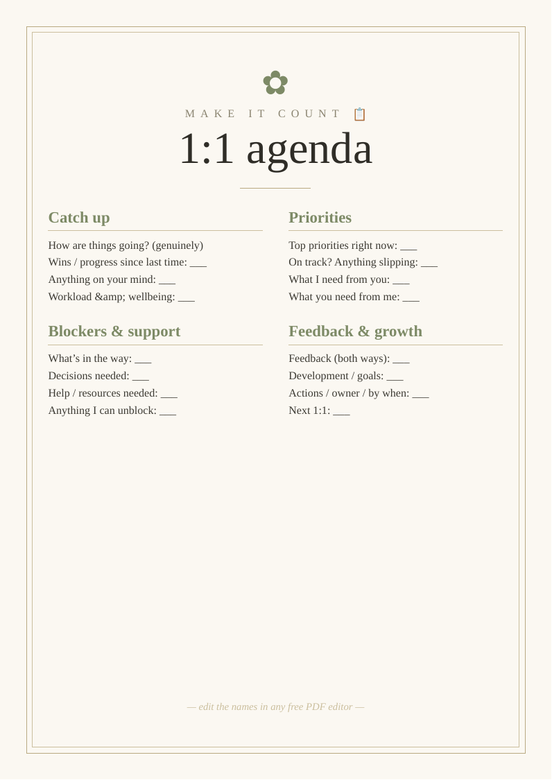 1:1 meeting agenda