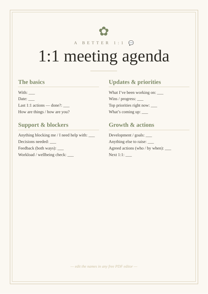 1:1 meeting agenda