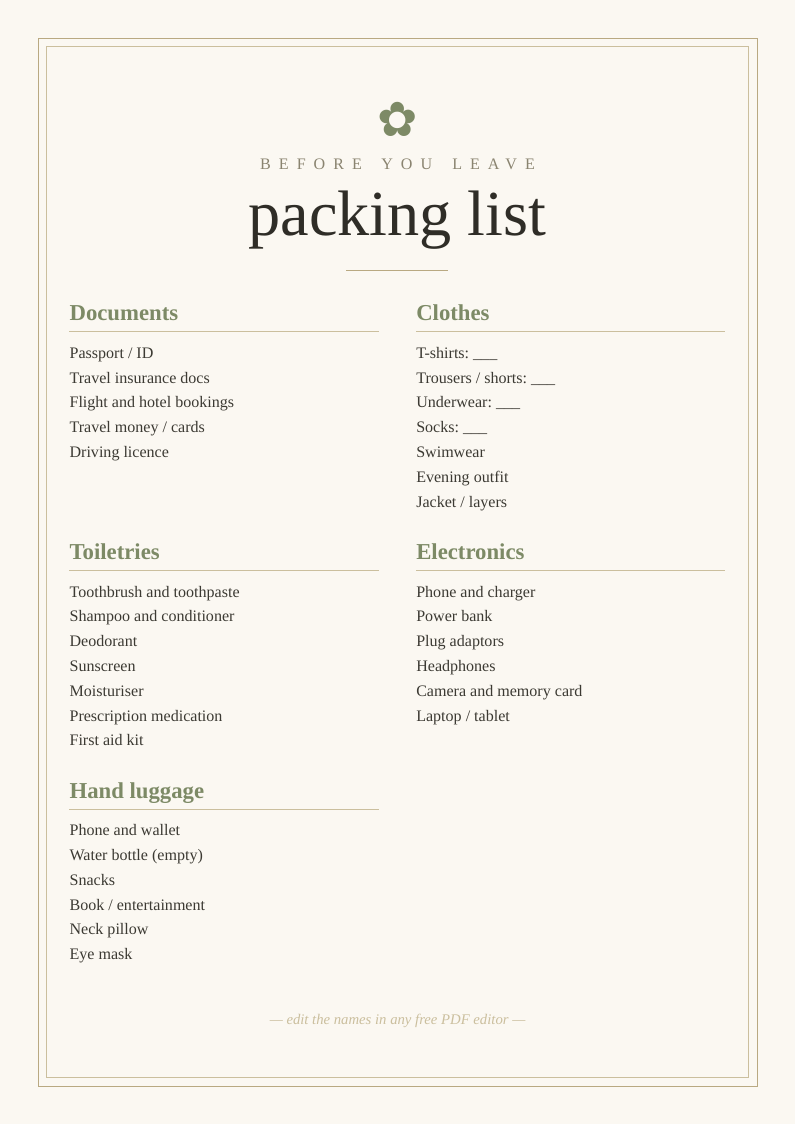 Packing list printable template