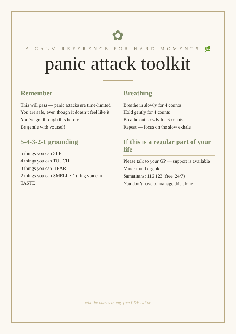 Panic attack coping toolkit printable grounding reference card simple widely used breathing techniques calm reference difficult moment general information GP regular anxiety mental health support