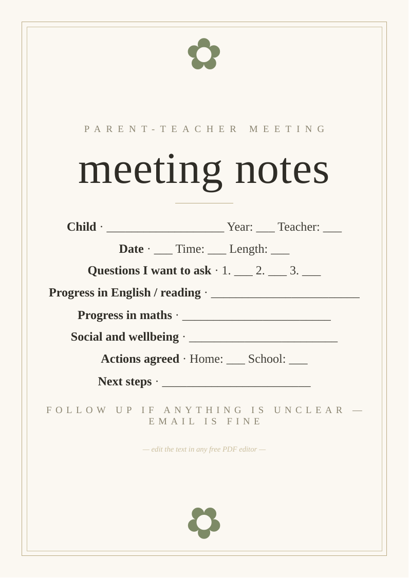 Parent teacher meeting notes printable parents