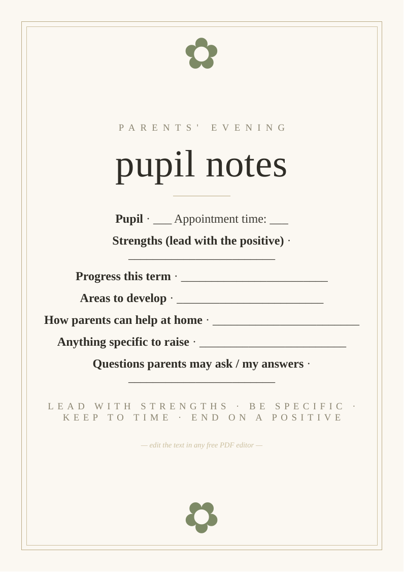 Parents' evening notes sheet