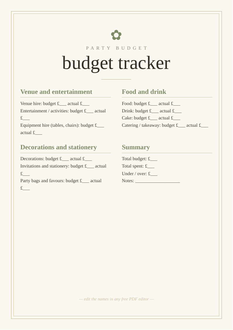 Party budget tracker printable