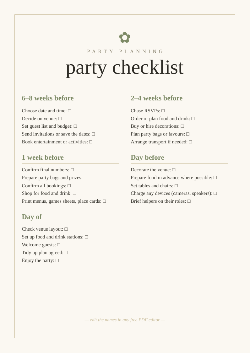 Party planning checklist printable