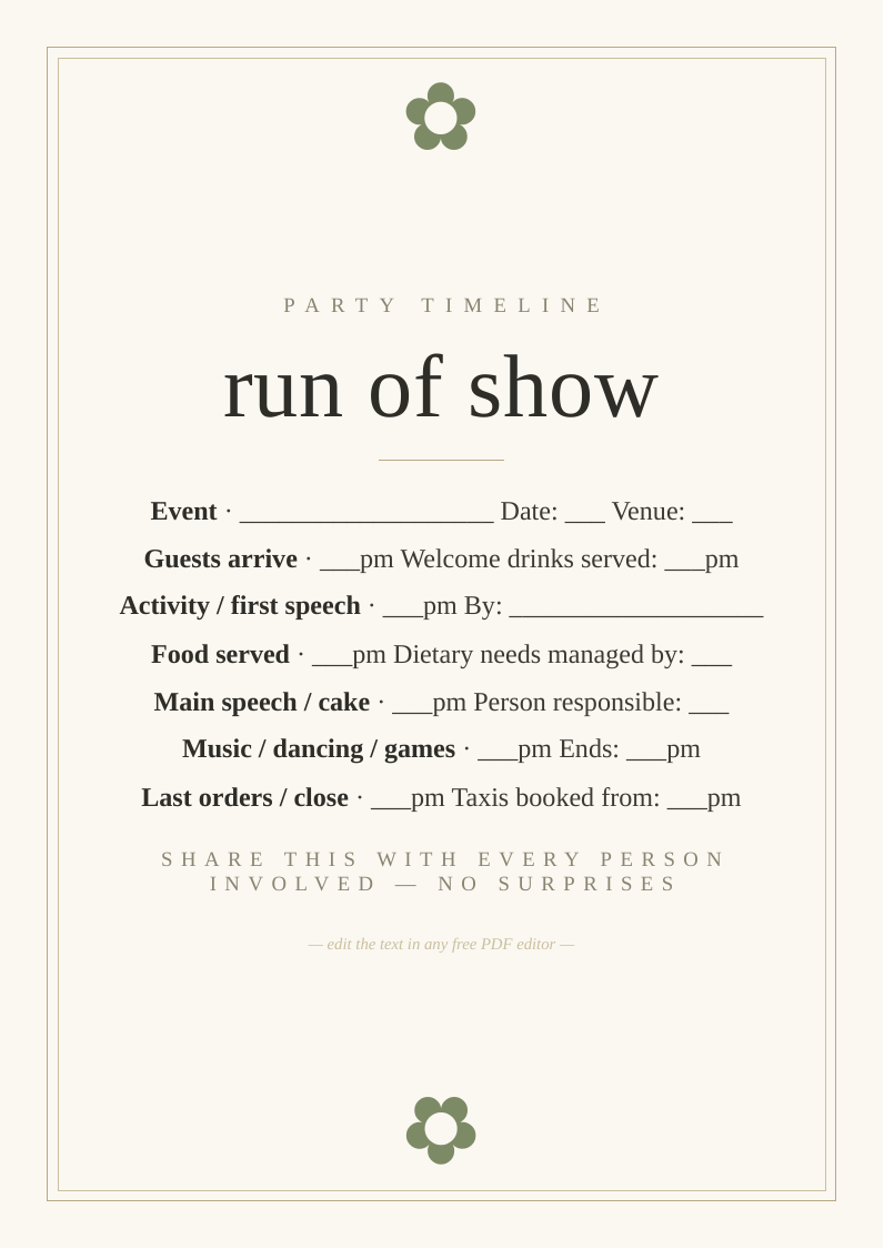 Party run of show timeline