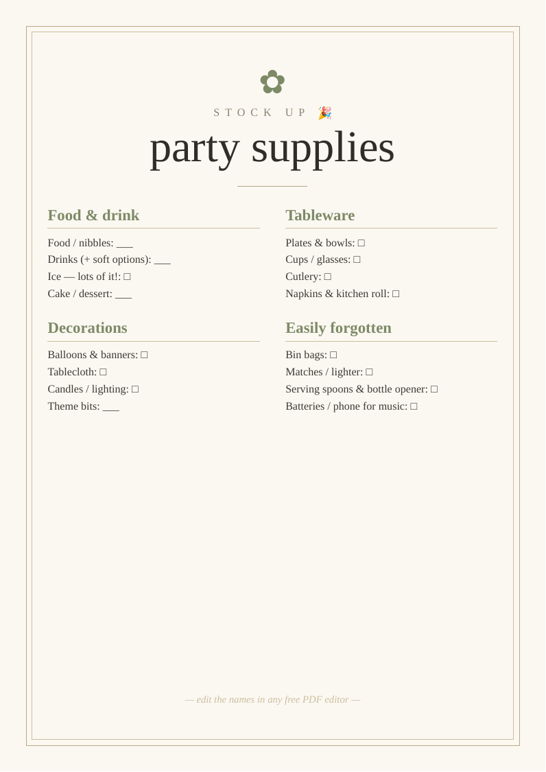 Party supplies shopping checklist