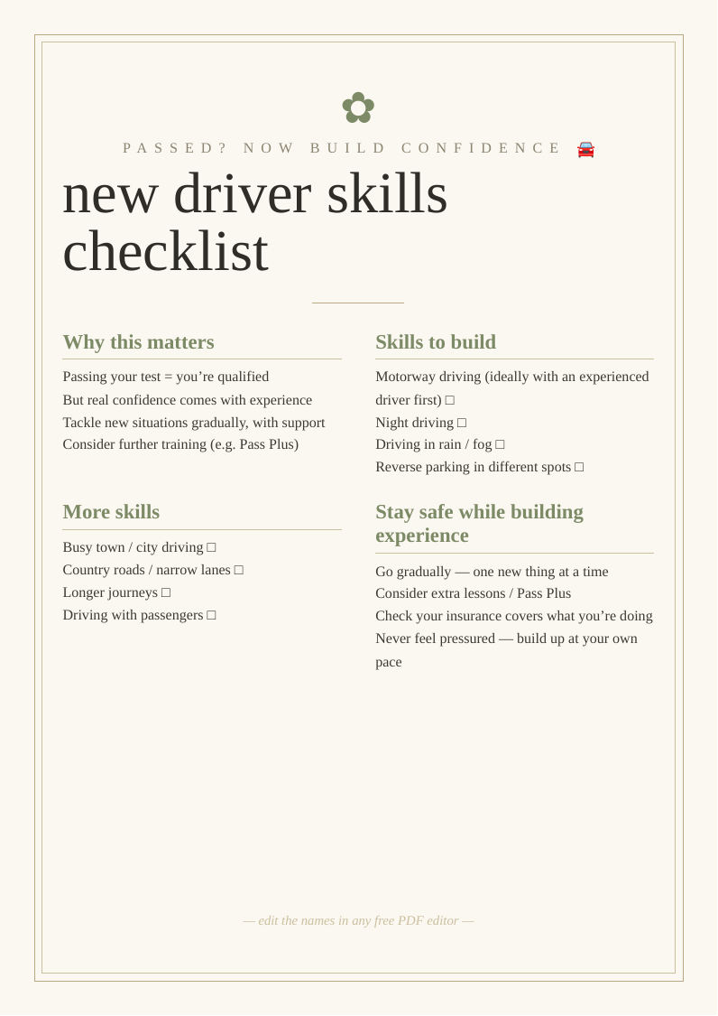 New driver skills checklist