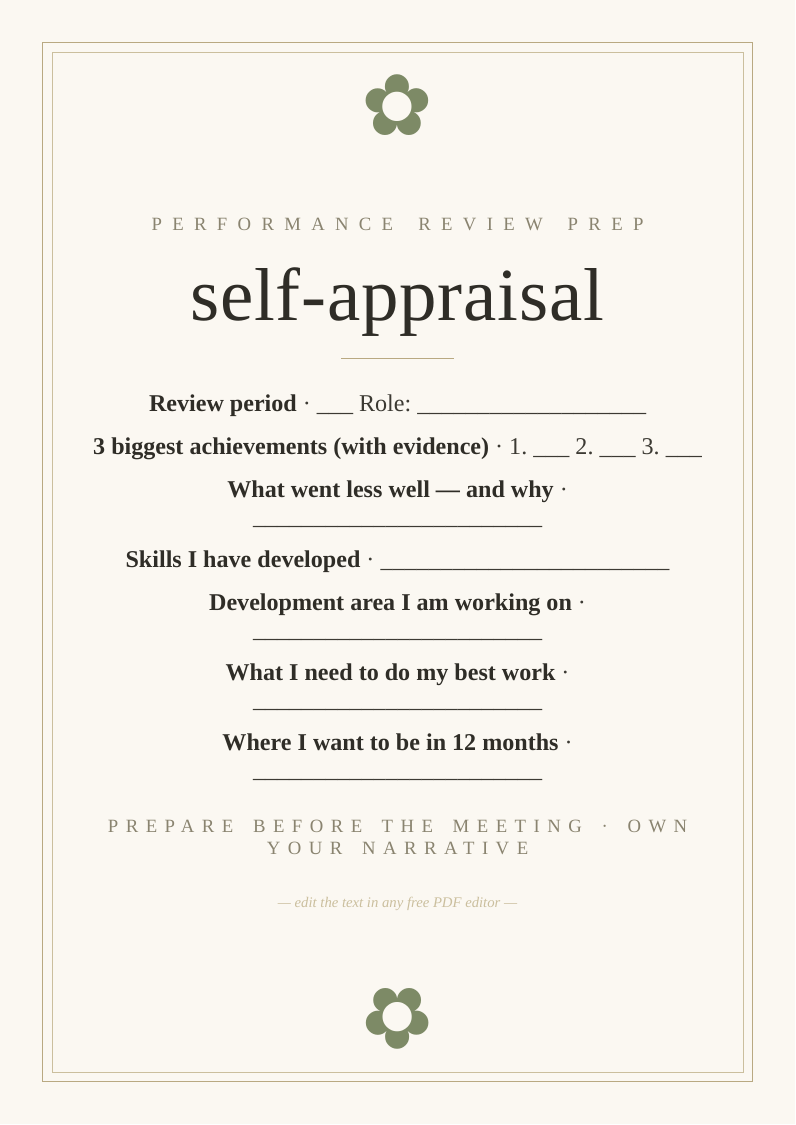 Self-appraisal review prep worksheet