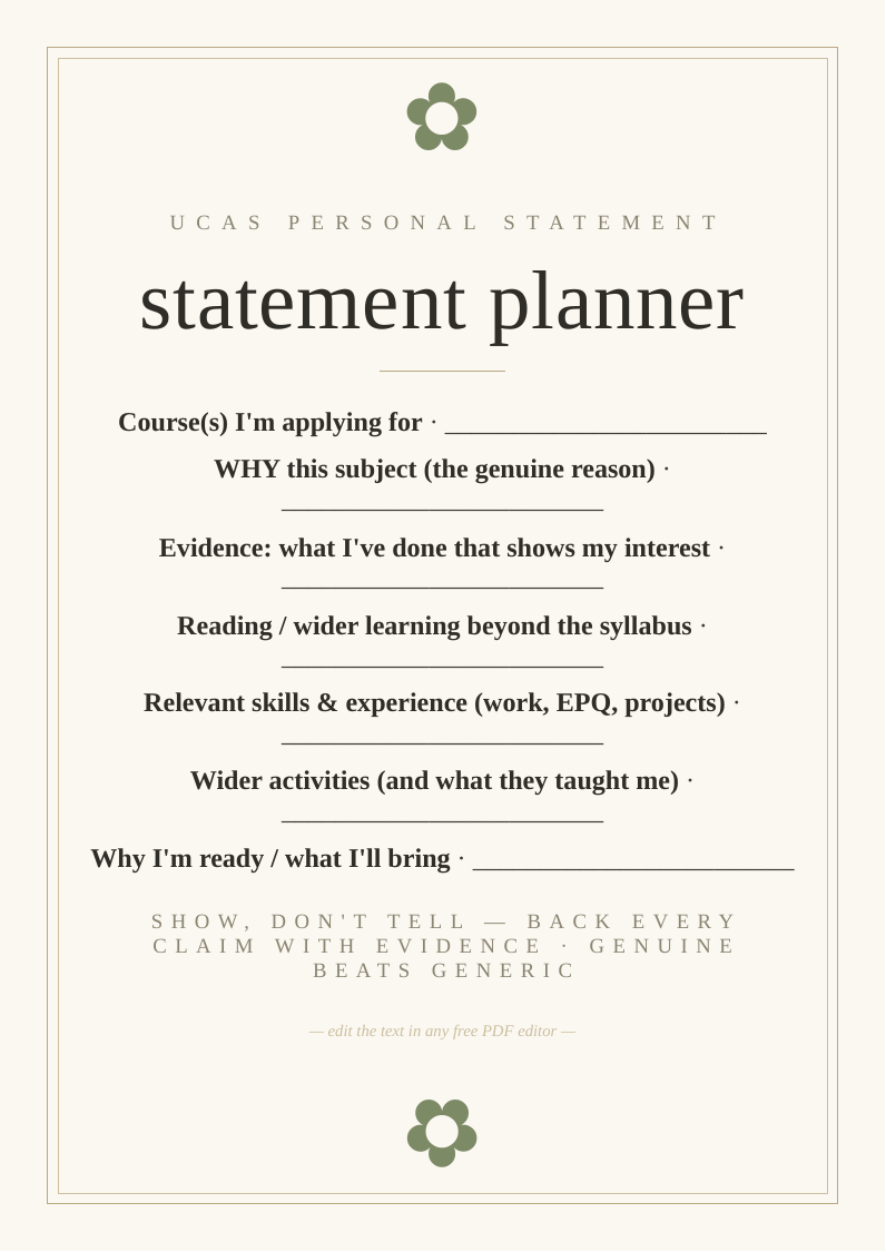 UCAS personal statement planner printable structure thinking before write why course evidence wider experience focused genuine compelling university