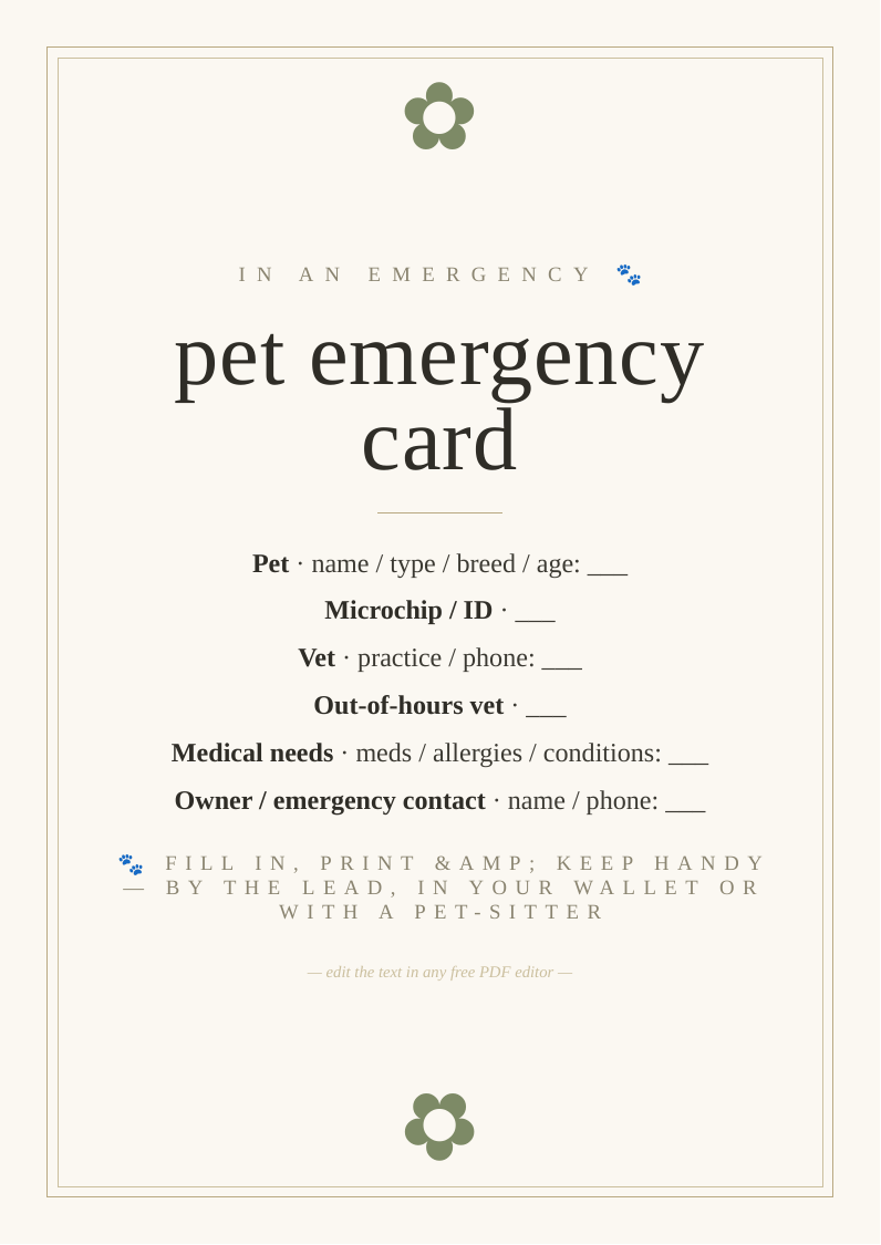 Pet emergency info card