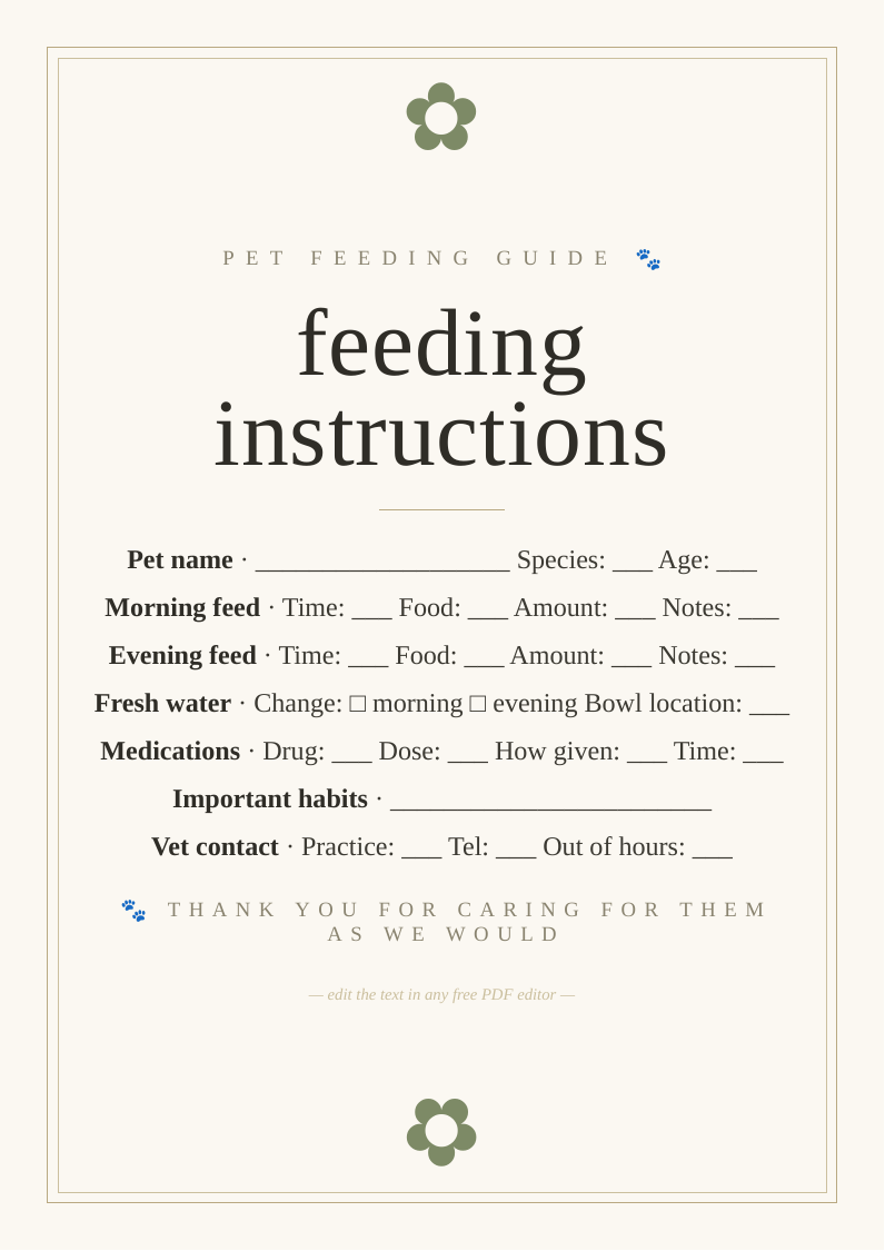 Pet feeding instructions card