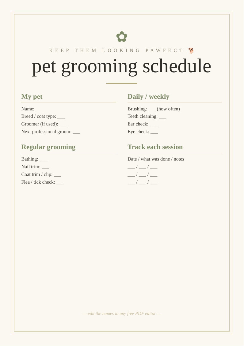 Pet grooming schedule