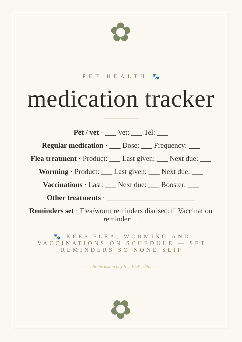 Pet medication and treatment tracker