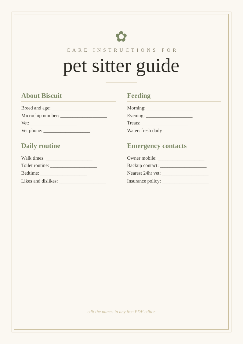 Pet sitter instructions sheet