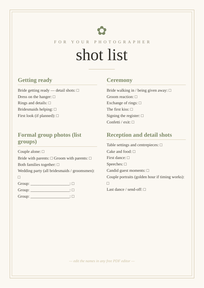 Wedding photography shot list