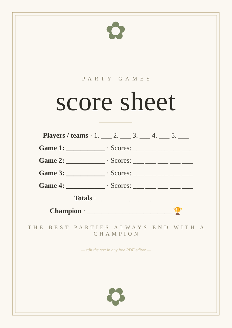 Party game score sheet