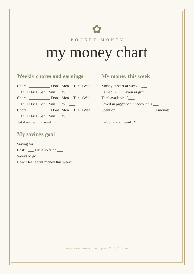 Pocket money chart