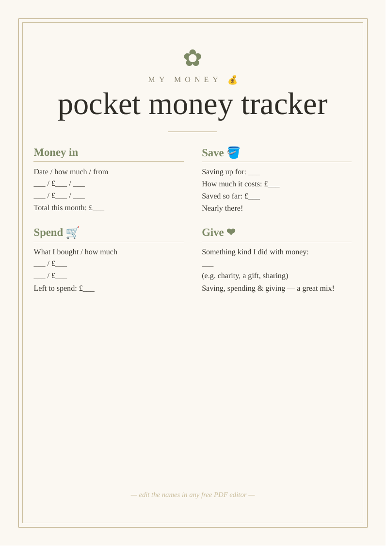 Kids' pocket money tracker