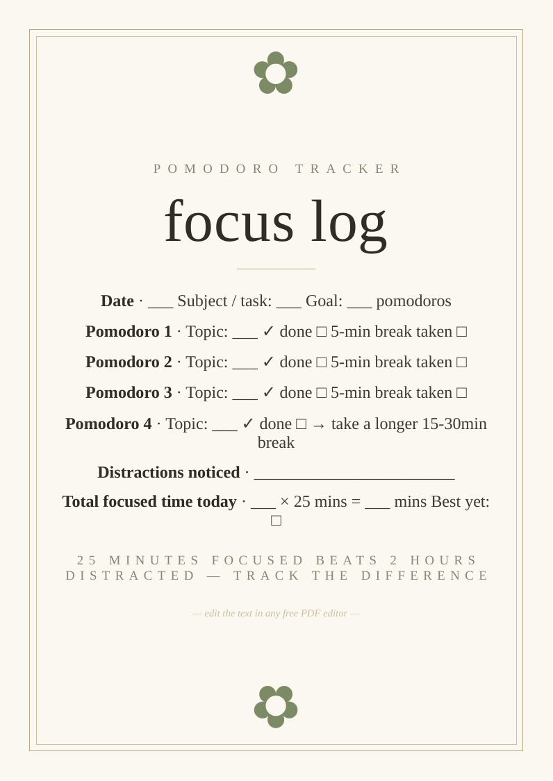 Pomodoro study session tracker printable log 25 minute focus blocks breaks technique scattered deep measurable progress