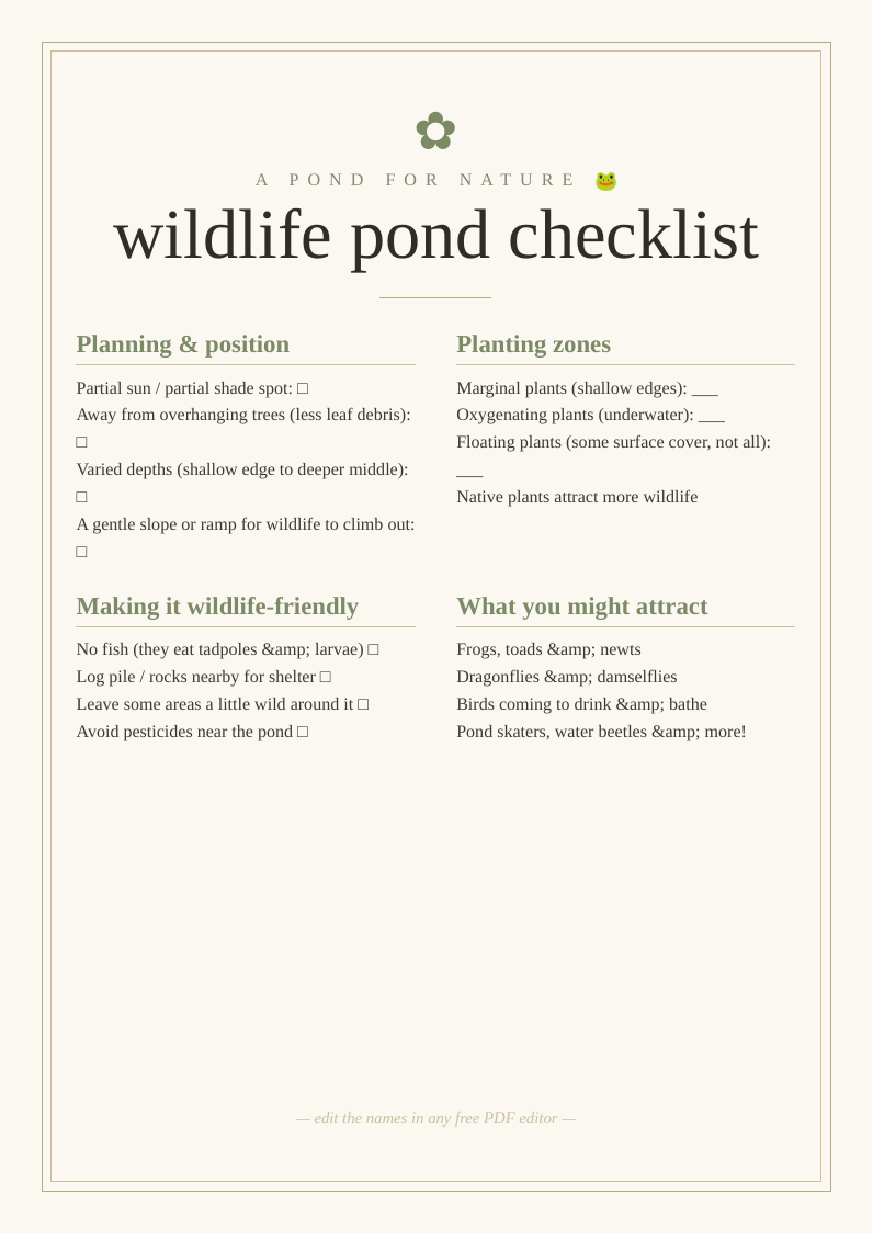 Wildlife pond checklist
