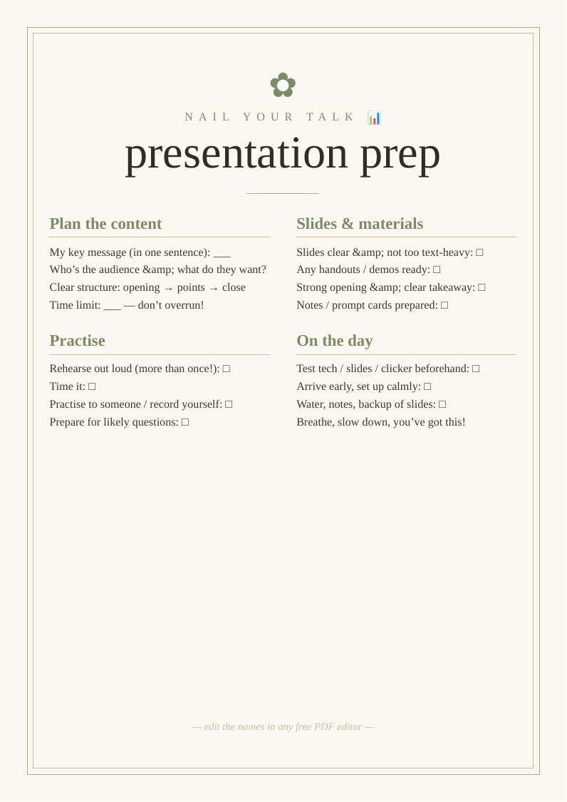 Presentation prep checklist printable planner talk structure content slides delivery practise day of logistics calm prepared confident student work public speaking talk