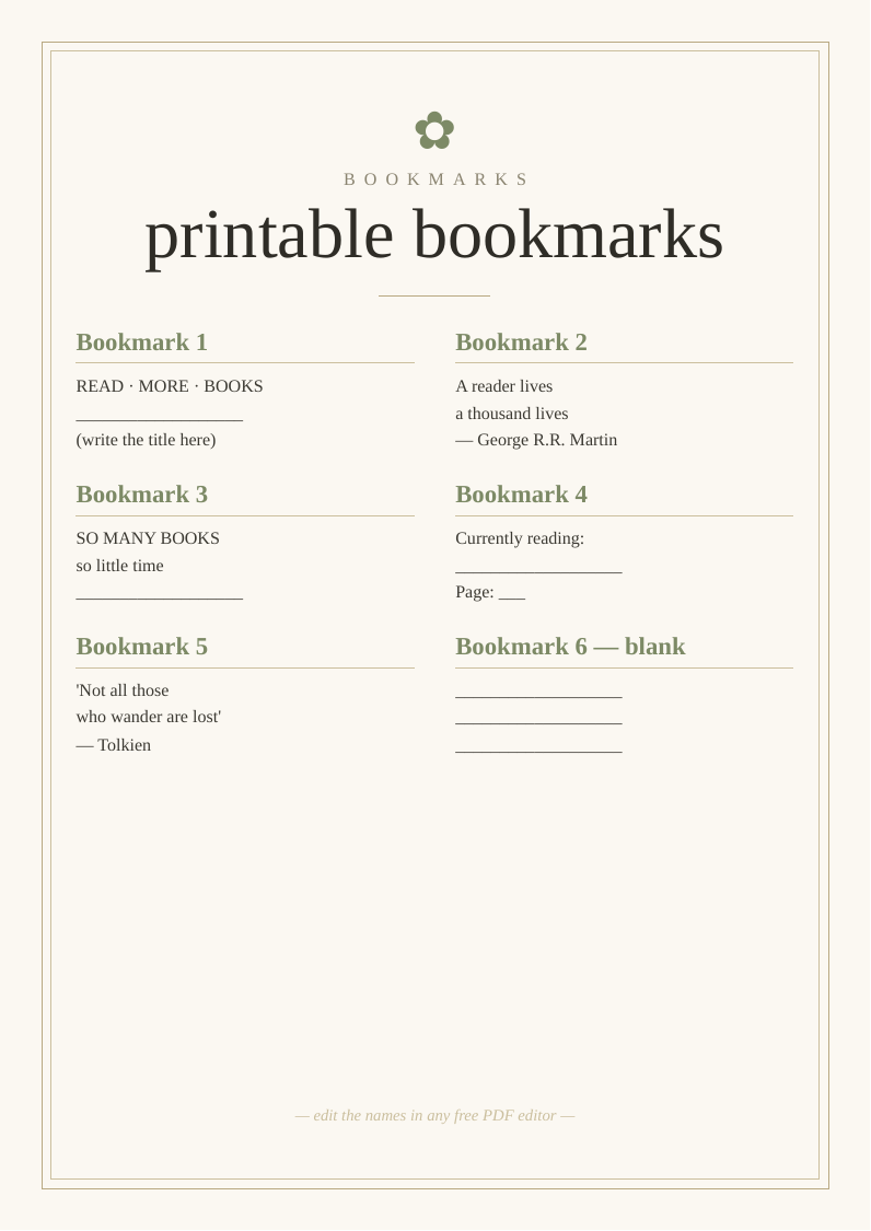 Printable bookmarks