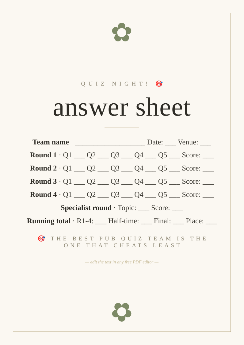 Printable pub quiz answer sheet