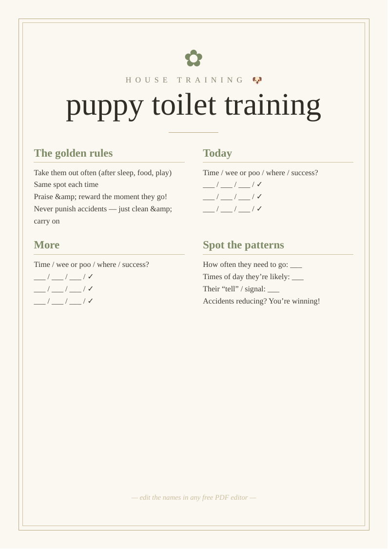 Puppy toilet training chart