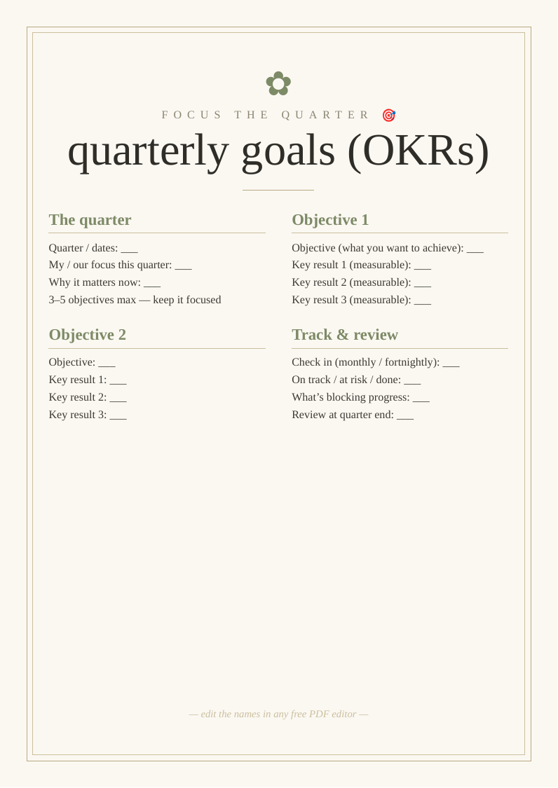 Quarterly goals / OKRs sheet