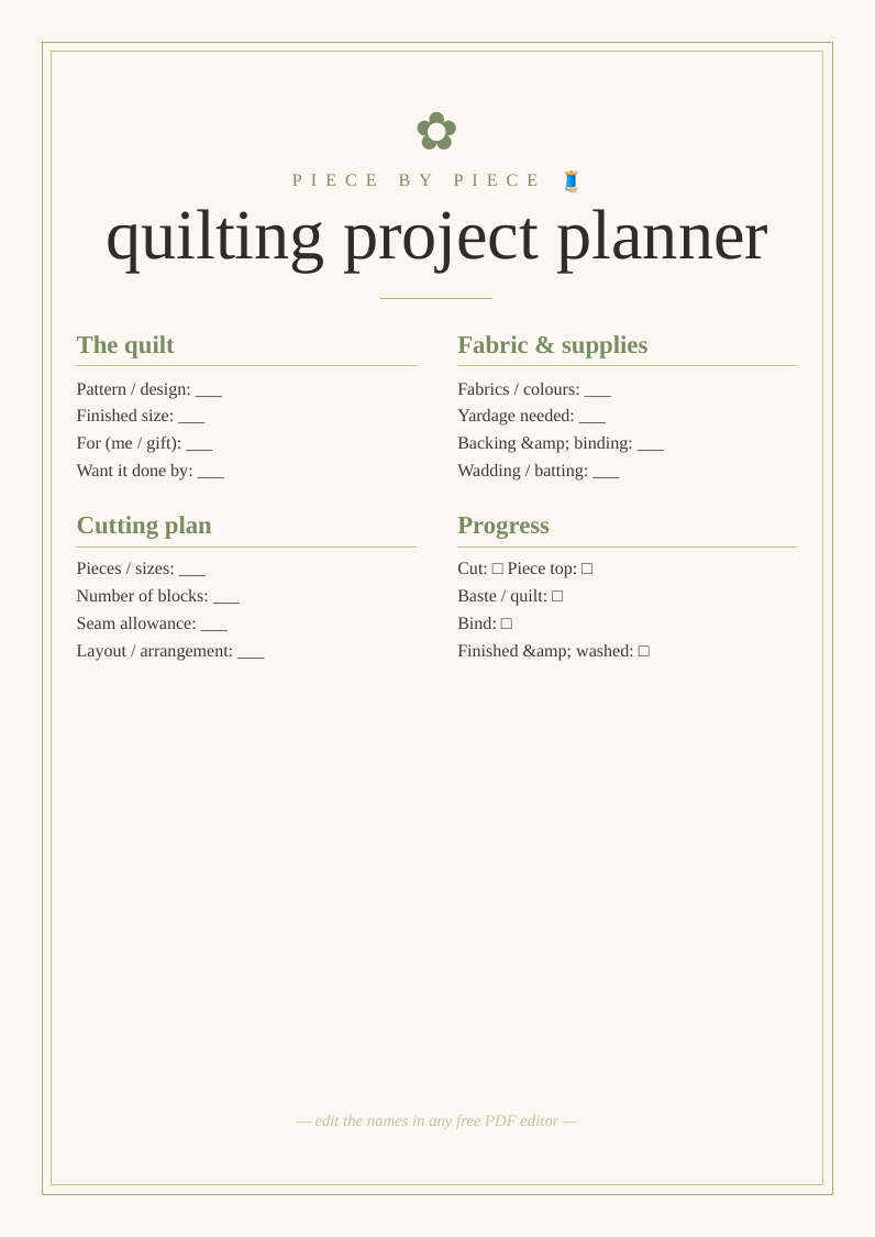 Quilting project planner