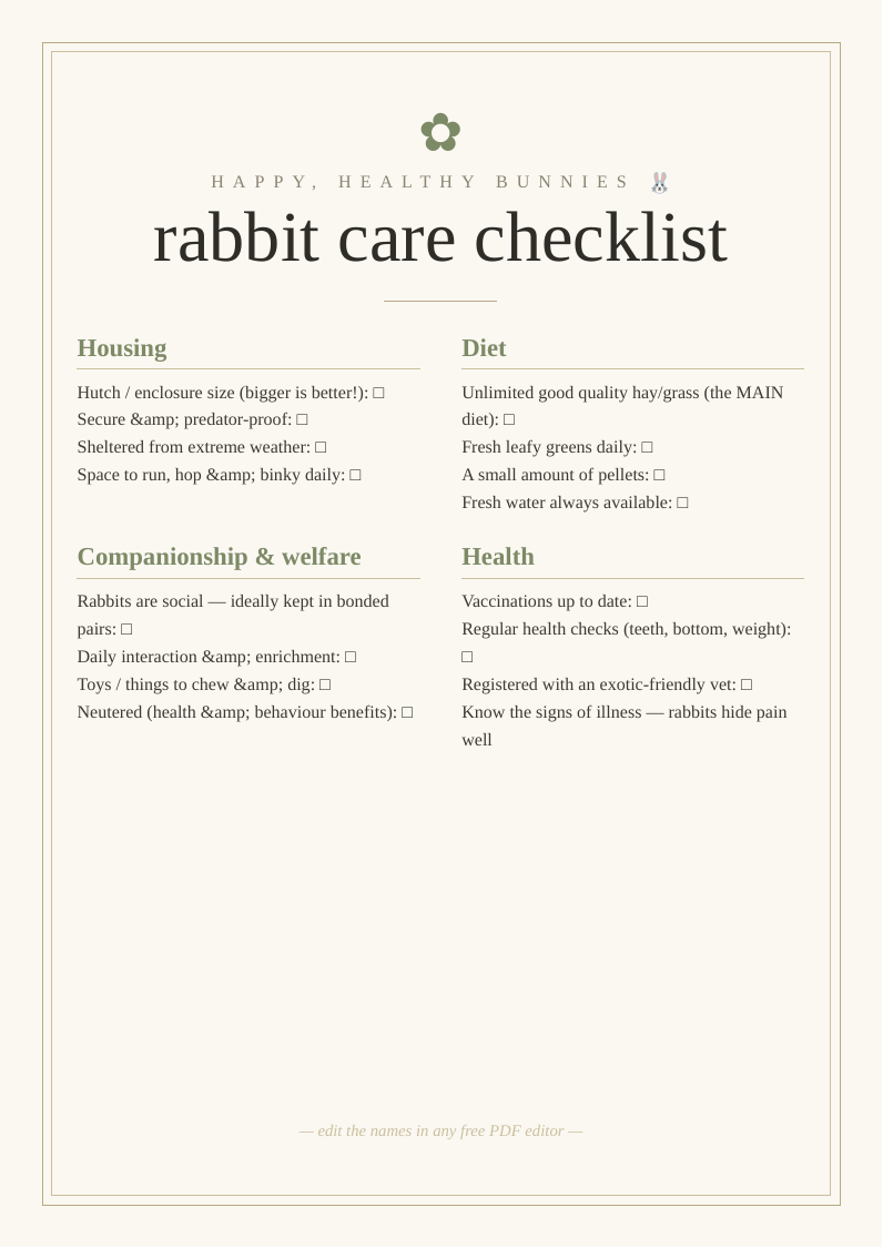 Rabbit care checklist