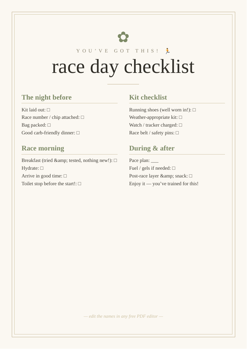 Race day checklist